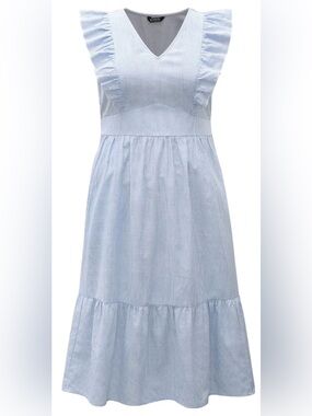 Women’s Light Blue Pinstripe V-Neck Linen Dress